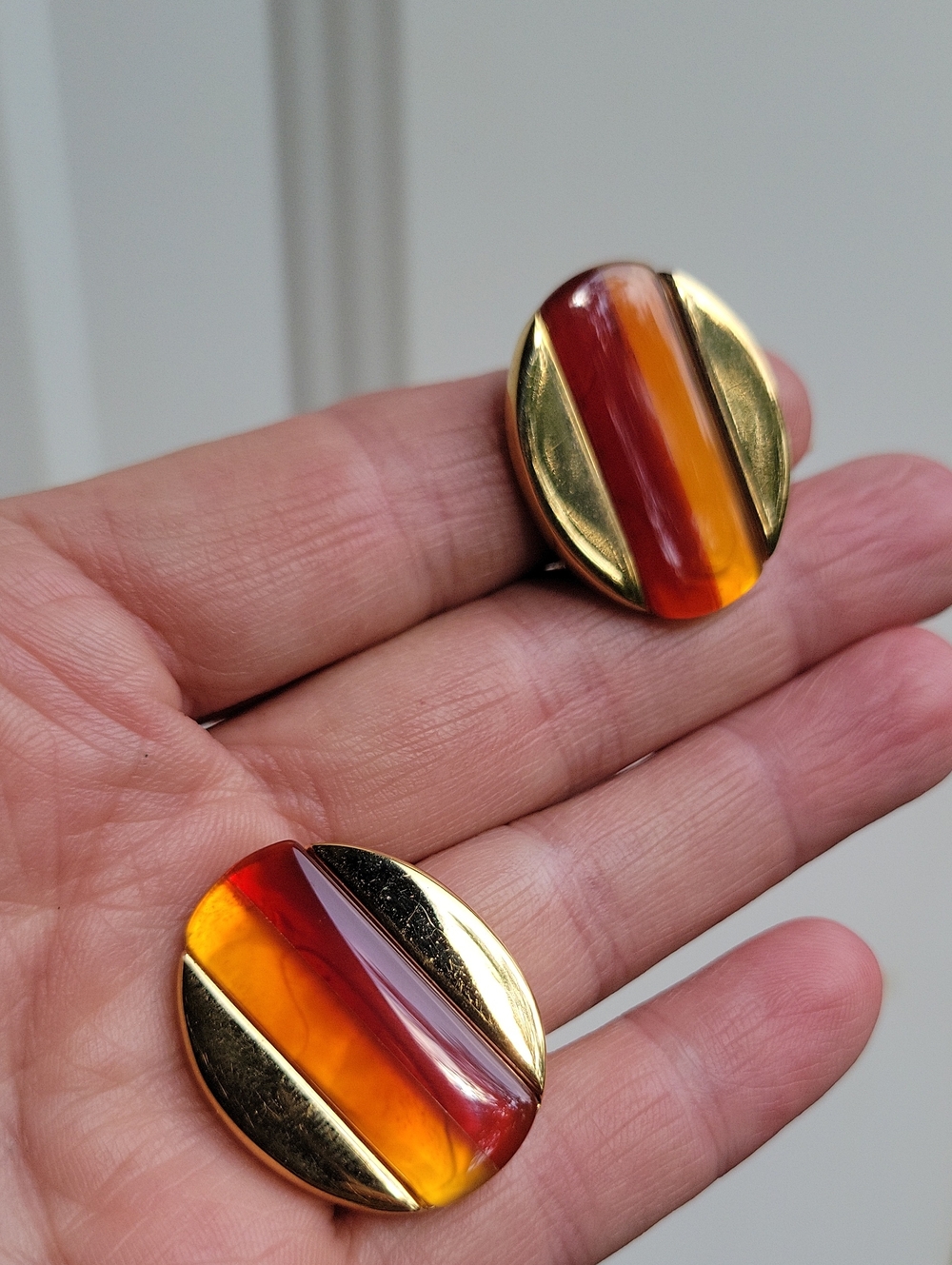 Vintage BUTLER Style Round Gold & Amber Red Clip Earrings